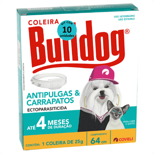COLEIRA ANTIPULGAS E CARRAPATOS BULLDOG 4 COM 64CM E 25G PARA CÃES E GATOS COVELI KIT COM 10